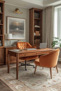 a home office with a desk, chair and bookshelf in front of a window