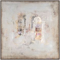 an abstract painting with white paint and brown trim on the bottom half of the frame