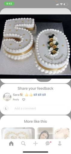 two cakes with white frosting and gold decorations on them, one is shaped like the number 50