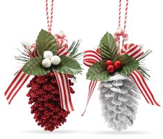 two christmas decorations hanging from twine with red and white ribbons on them, one is pine cone