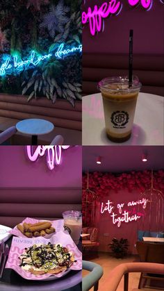 the collage shows neon signs, coffee cups, and other items in different colors