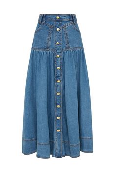 Belmond Denim Midi Skirt | 90's Wash | Aje How To Style A Maxi Dress, Midi Flare Skirt, Outfits Petite, Skirt Fits, Feather Dress, Denim Midi Skirt, Indie Outfits, Skirts Online, Style Maxi Dress