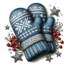 a blue mitten and some stars on a white background