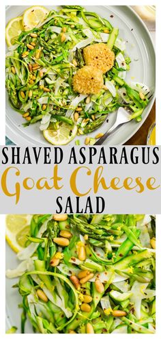 shaved asparagus and goat cheese salad on a white plate