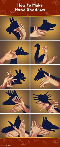 hands that are touching each other with their fingers in different positions and the words, how to make hand shadows