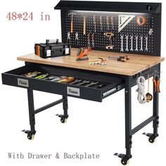 a workbench with drawers and tools on it for the home mechanic's desk