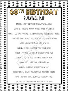 the 50th birthday survival kit is shown in black and white