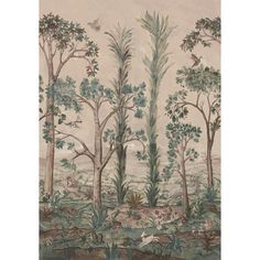 an image of a painting with trees and birds in the woods on it's side