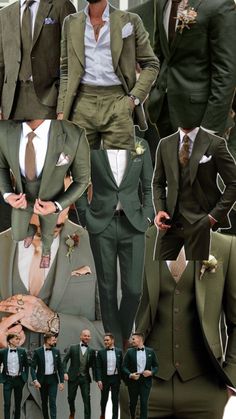 a collage of men's green suits and ties with different pictures on them