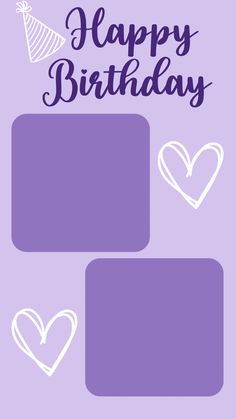 a purple birthday card with hearts and the words happy birthday written in white on it