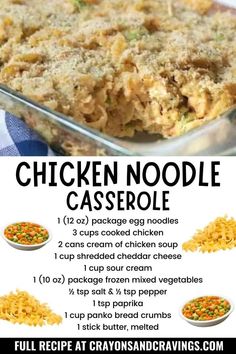 the chicken noodle casserole recipe is shown with instructions for how to make it