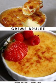 two bowls of creme brulee with strawberries on top