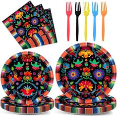 colorful mexican dinnerware set with forks and napkins