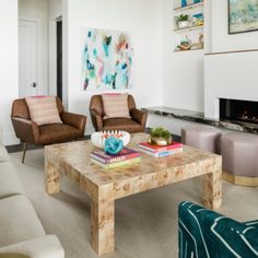 a living room filled with furniture and a fire place in the middle of the room