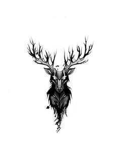 a black and white drawing of a deer's head with antlers on it