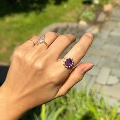 Estate/ Vintage 14KT Yellow Gold Diamond + Oval Genuine Purple Amethyst Ring Amethyst Measures: 10mm x 8mm Diamond Halo Style Band Cleaned and like new! Size 6.25 Can be sized by us (fee) or your local jeweler Weight: 4 grams Genuine Amethyst Oval Faceted Approx. 2.4 carat estimated amethyst Diamonds (12) SI Clarity, H/I color diamonds Stamped & Hallmarked Stamped 14K Vvs Clarity Amethyst Ring, Purple Oval Ruby Ring, Fine Jewelry, Oval Purple Sapphire Ring With Diamond, Oval Purple Birthstone Ring With Center Stone, Oval Amethyst Ring With Halo Setting, Oval Purple Sapphire Gemstone Ring, Purple Oval Sapphire Gemstone Ring, Purple Oval Ruby Promise Ring, Purple Oval Ring With Prong Setting