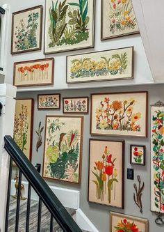 the wall is full of framed flowers and plants on it's sides, along with some stairs