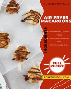 an advertisement for fortosson air fryer macaroons with chocolate drizzle