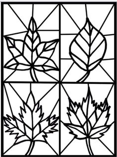 stained glass with four different leaves on it, one is black and the other is white