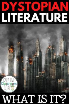 an advertisement for the dystopian literature book, which is featured in front of a cityscape