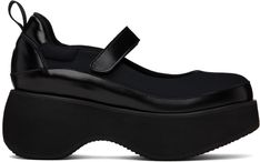 Paneled neoprene and buffed leather Mary Jane-style ballerina flats in black. · Velcro strap at vamp · Webbing pull-loop at heel tab · Logo patch at padded footbed · Mesh lining · Foam rubber platform midsole · Treaded rubber outsole · Platform: H2.75 in Supplier color: Black Platform Flats, Platform Mary Janes, Mary Jane Flats, Leather Mary Janes, Black Platform, Ballerina Flats, Pretty Shoes, Velcro Straps, Black Flats