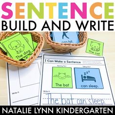 the sentence build and write activity is shown with two baskets filled with papers on top of it