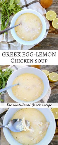 two bowls filled with lemon chicken soup on top of a wooden table