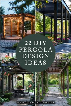 a collage of photos of pergola designs and patio lighting Pagola Ideas Pergolas Outdoor Spaces, Outdoor Pergola Roof Ideas, Garden Pagoda Ideas Pergolas Patio, Arbor Garden Ideas, Long Pergola Ideas, Detached Patio Ideas Backyards, Custom Pergola Design, Pergola Designs Modern, Front House Pergola Entrance