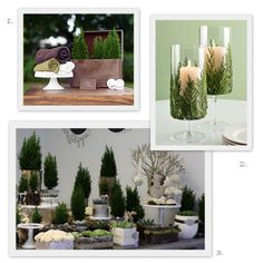 four different pictures with plants and candles in them, one is for centerpieces