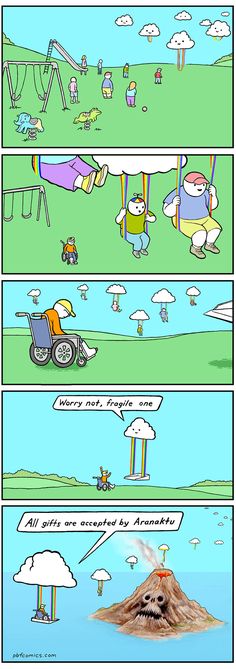 a comic strip with an image of a man on a swing set in the sky