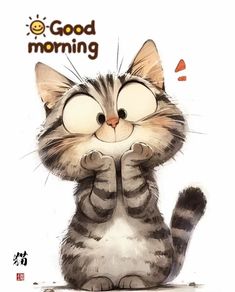 a cat is sitting down with its eyes closed and the words good morning written on it