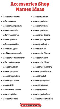 an advertisement for the accessories shop names ideas list in red and black with white text