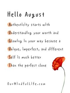 an orange flower with the words hello august written below it in black ink on a white background