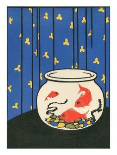 a fish bowl filled with goldfish in front of a blue background and yellow dots