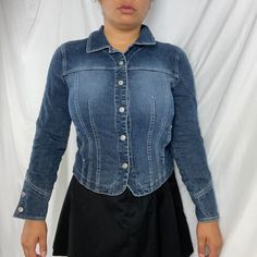 Y2K Euro Style Stretch Denim Jacket Label: A.M.I. Material: 89% Cotton 9% Polyester 2% Spandex Size: best fits modern small - medium (label size S) , refer to measurements Excellent Vintage Condition - a few loose threads, see last photo. Nothing major. model is 5'5 & wears a medium 6/8 MEASUREMENTS IN INCHES (laid flat + unstretched double where needed) : Shoulder: 15.5 BUST: 19 WAIST: 16.5 LENGTH: 21.5 Each vintage piece has been preloved. Minor fading + wear is expected & often adds to the character. All items are cleaned & from a smoke & pet free building. We hope you appreciate this find as much as we do. Medium Wash Stretch Denim Jacket With Long Sleeves, Fitted Long Sleeve Denim Jacket For Fall, 90s Long Sleeve Denim Jacket With Button Closure, Dark Wash Stretch Denim Jacket With Long Sleeves, Fitted Denim Y2k Top, Long Sleeve Fitted Denim Outerwear, Fitted Long Sleeve Denim Outerwear, Fitted Y2k Denim Top, Y2k Denim Jacket With Pockets