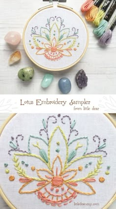 an embroidery sample is shown with beads and crochet