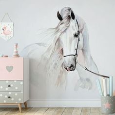 a white horse painted on the wall in a child's room