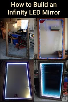 four different mirrors with lights on them and the words how to make a infinity led mirror