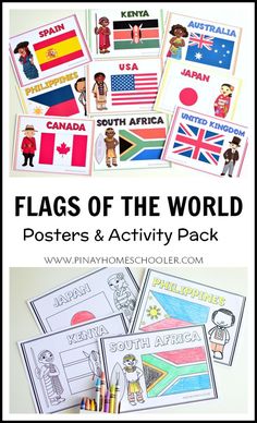 the flags of the world posters and activity pack for kids to practice their language skills