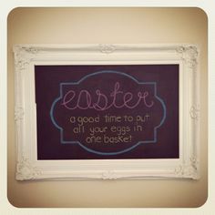 a chalkboard with the words easter written in pink and blue on it next to a white frame