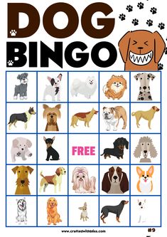 a poster with dogs on it that says, dog bingo free printable for kids and adults