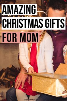 a man and woman sitting next to each other with the words amazing christmas gifts for mom