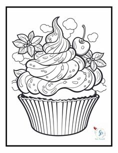 a cupcake with frosting and cherries on top is shown in black and white