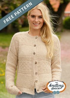 a woman wearing a cardigan sweater and jeans with the text free pattern on it