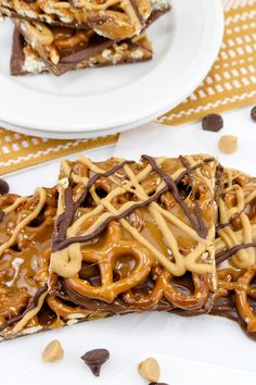 some kind of dessert with chocolate and pretzels on it