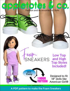 No-Sew Foam Sneakers 18 Inch Doll Pattern – Appletotes & Co. Sew Doll, Journey Girl Dolls, Doll Shoe Patterns, Two Cool, Girls Clothes Patterns, American Girl Patterns, American Girl Crafts, American Girl Doll Patterns, Journey Girls