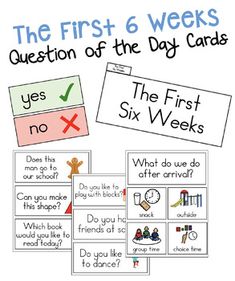 the first 6 weeks question of the day cards with pictures and words to help students understand what they are doing