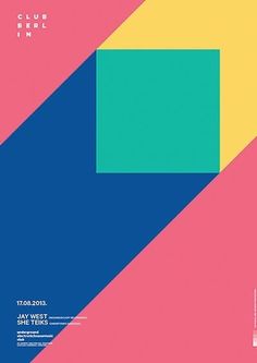 an abstract poster with blue, yellow and pink colors