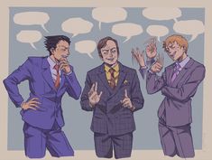 three men in suits standing next to each other with speech bubbles above their heads,