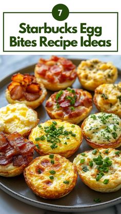 some small muffins are on a plate with bacon and other food items in them